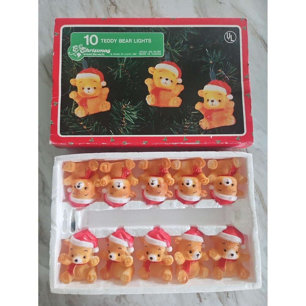 10-LIGHT TEDDY BEARS Vintage INCANDESCENT Christmas Novelty Set No String Light